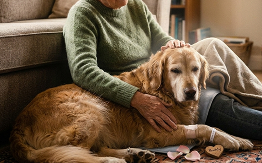 person petting her aging golden retriever resting beside her